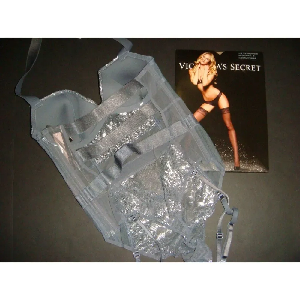 NWT Victoria's Secret 32B,32C garter TEDDY one-piece GRAY SILVER foil VERY SEXY